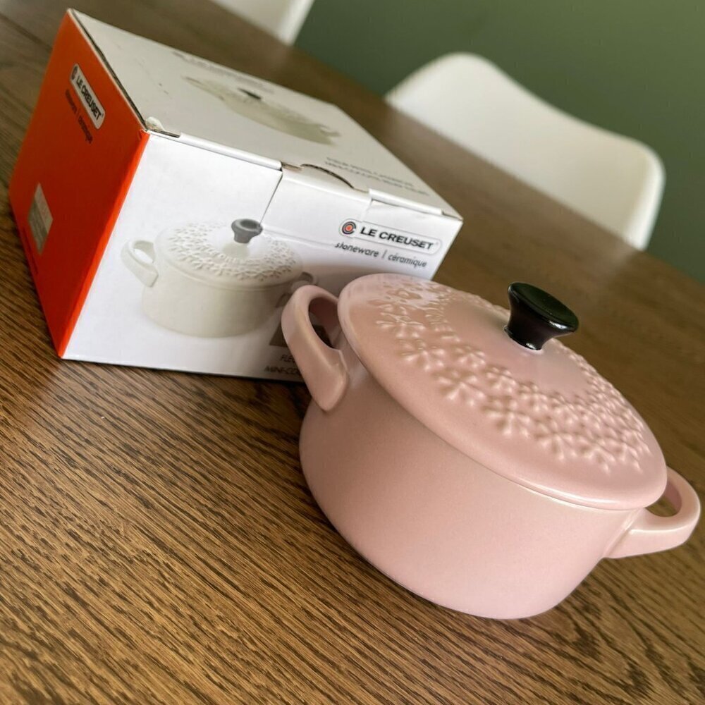 NWT!NEW!Le Creuset Mini Cocotte Petite Casserole Pink Fleurs Floral Stoneware